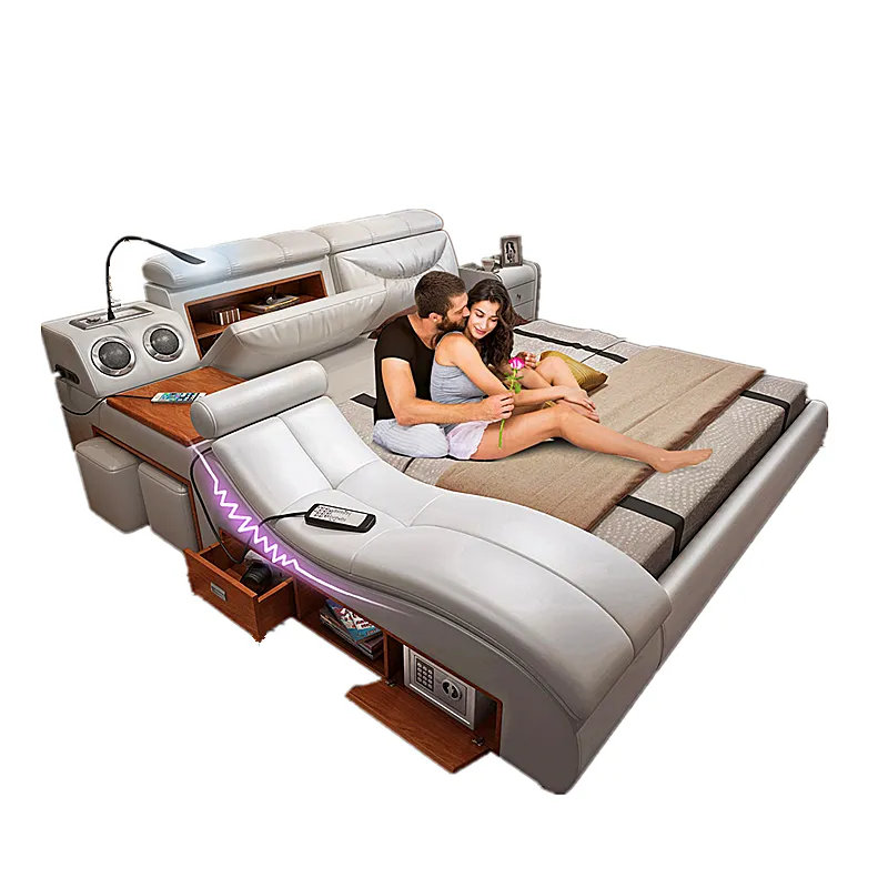 Modern King Size Beds Multifunctional Massage Leather Soft Bed With LED Light & USB