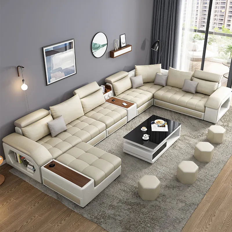 Modern leather u shaped sectional sofa couch bed 7 piece set furniture living room fabric velvet sofas manufacturers for home
