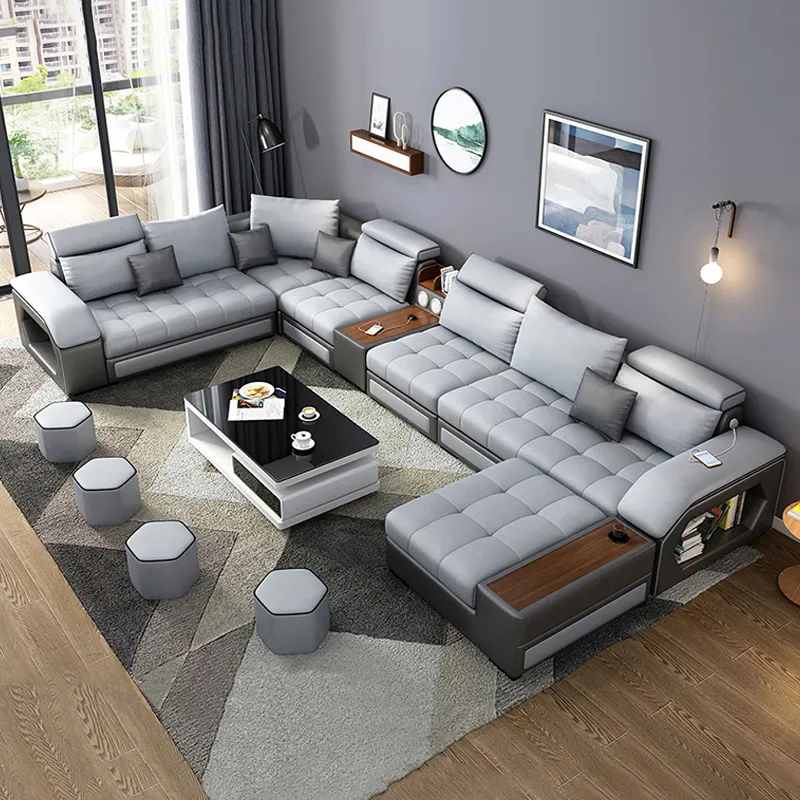 Modern leather u shaped sectional sofa couch bed 7 piece set furniture living room fabric velvet sofas manufacturers for home