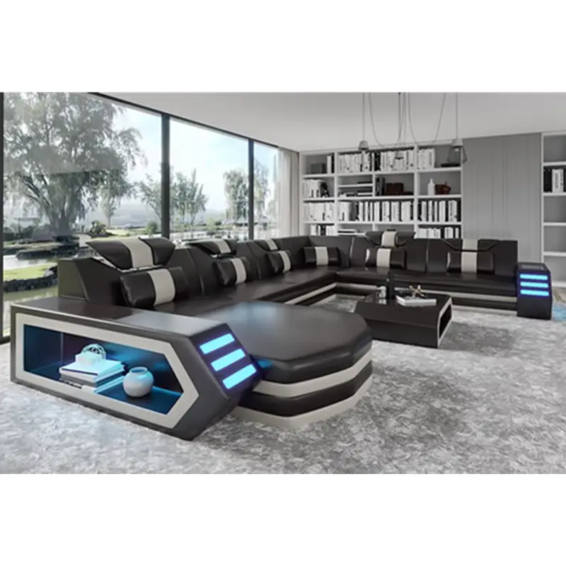modern multifunction smart sectional black and white leather sofa