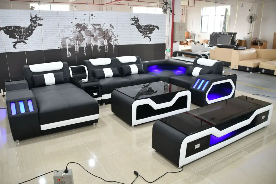 Modern Living Room Sofa Set Genuine Leather Sofas with USB Music Speaker