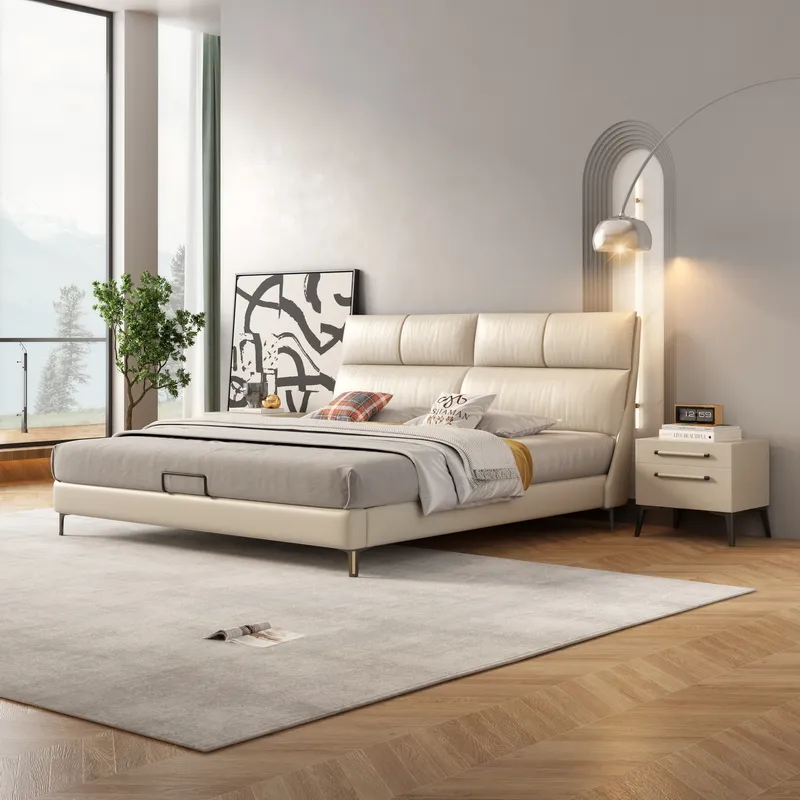 Best Seller genuine leather headboard double bed frame 1.8m Nordic modern beds master bedroom wedding soft bag king size bed